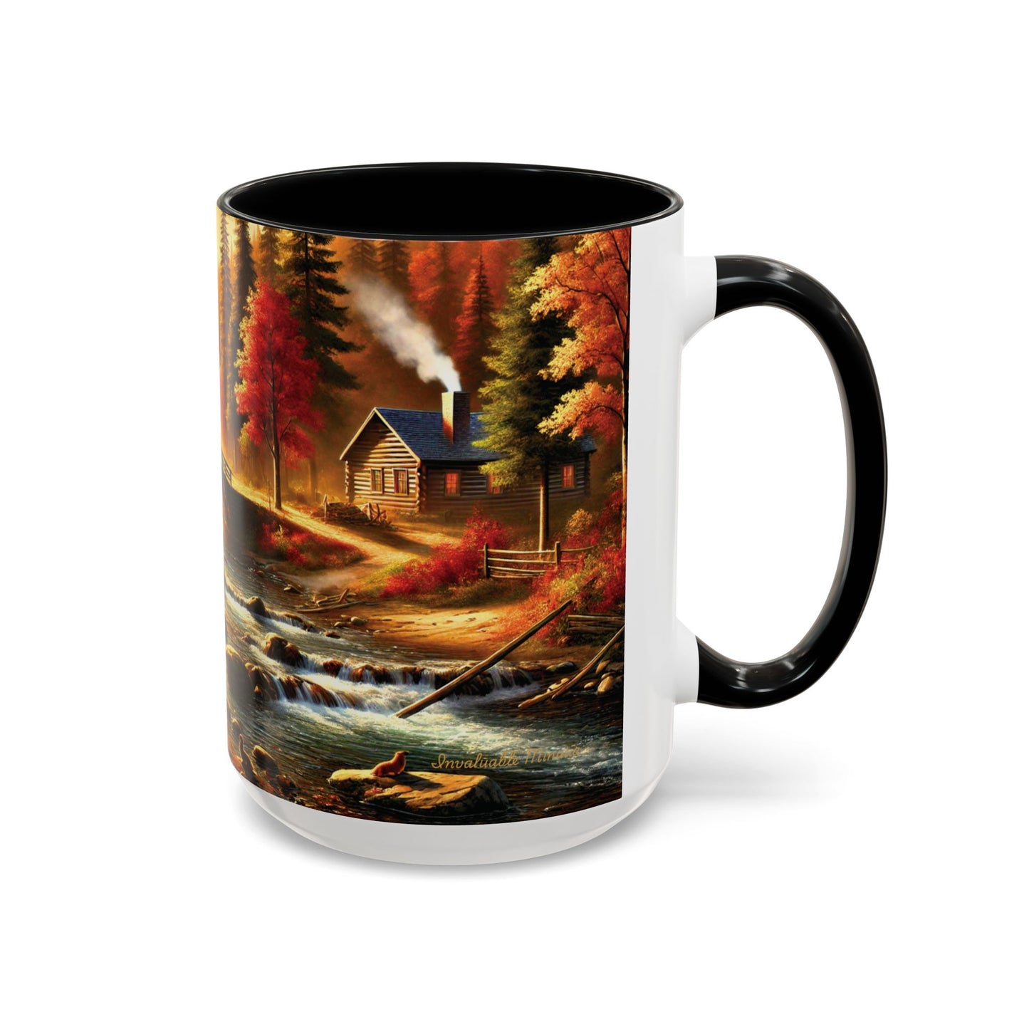15oz Right Side View - Black Accent Cozy Autumn Forest Cabin Mug Scene | Fall Vibes Accent Coffee Mug (11oz/15oz) | Invaluable Minutia