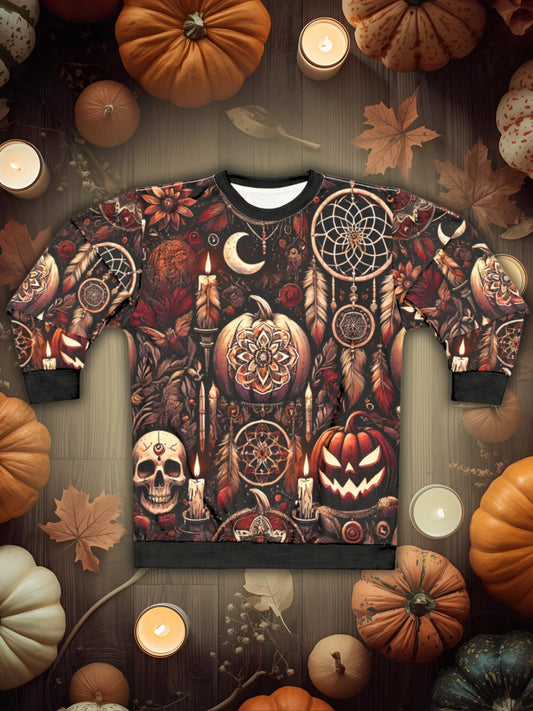 Midnight Samhain AOP Unisex Sweatshirt | Gothic Halloween Pumpkins, Candles & Dreamcatchers | Dark Fall Aesthetic | Free Worldwide Shipping