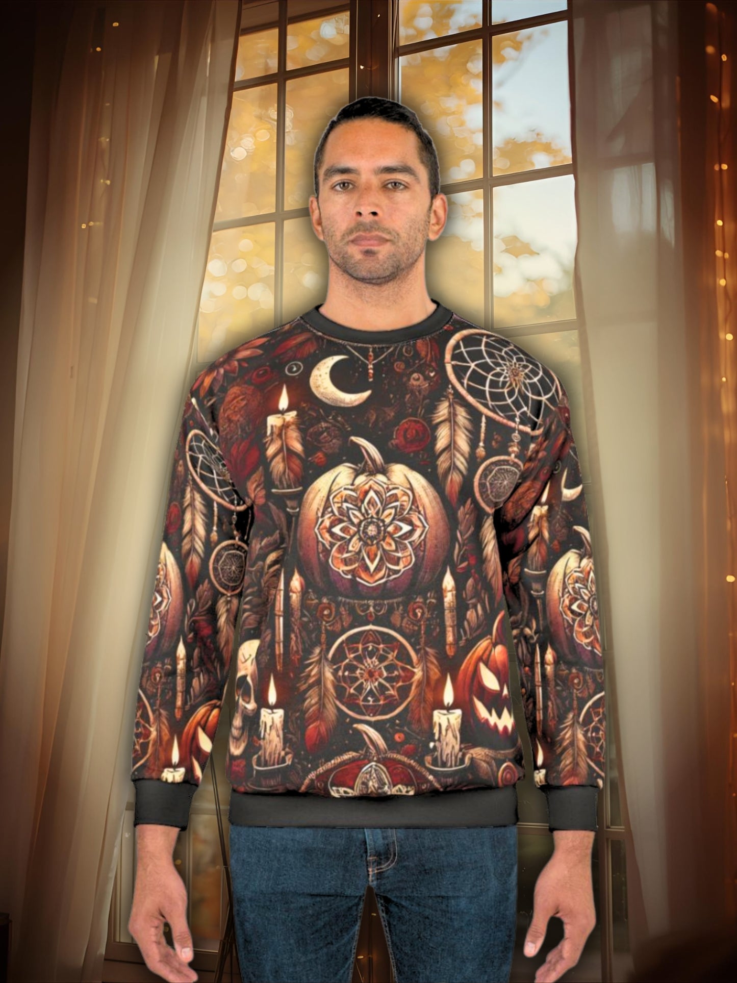 Midnight Samhain AOP Unisex Sweatshirt | Gothic Halloween Pumpkins, Candles & Dreamcatchers | Dark Fall Aesthetic | Free Worldwide Shipping