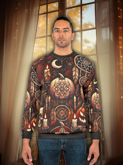 Midnight Samhain AOP Unisex Sweatshirt | Gothic Halloween Pumpkins, Candles & Dreamcatchers | Dark Fall Aesthetic | Free Worldwide Shipping