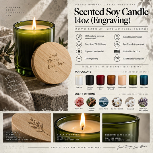 Breathe - Engraved Bamboo Lid Scented Soy Candle Frosted Glass Jar (14 oz)