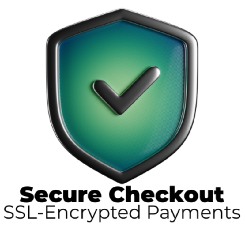 Shield icon with a checkmark and text 'Secure Checkout SSL-Encrypted Payments' on a white background