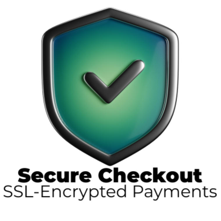 Shield icon with a checkmark and text 'Secure Checkout SSL-Encrypted Payments' on a white background