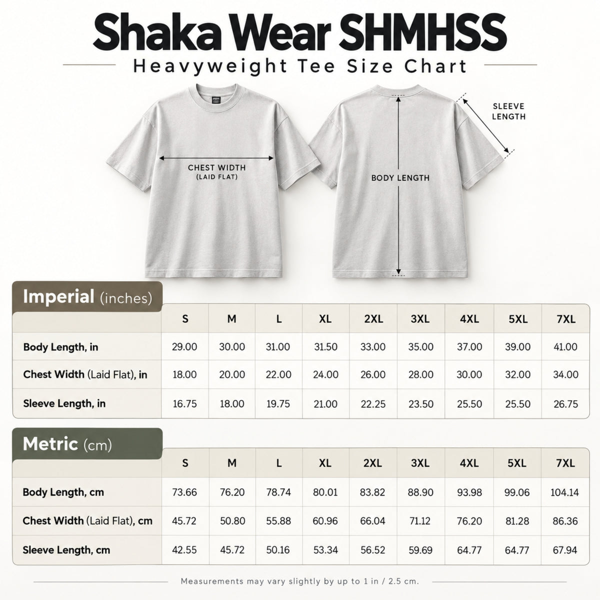 Shaka Wear SHMHSS heavyweight T-shirt size chart showing chest width, body length, and sleeve length.