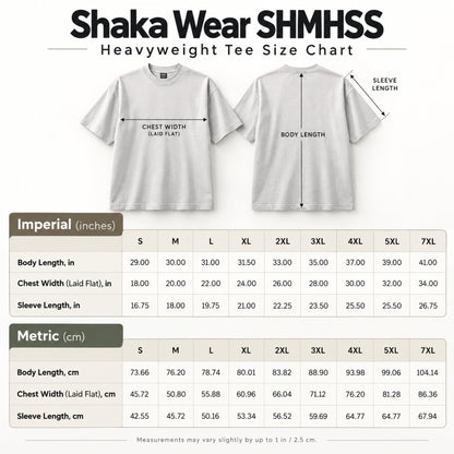 Shaka Wear SHMHSS heavyweight T-shirt size chart showing chest width, body length, and sleeve length.