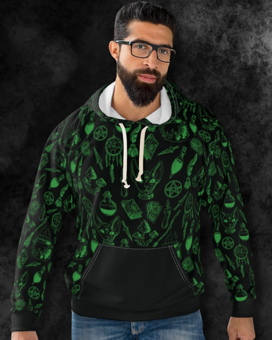 Occult Cat with Third Eye Familiar Unisex Hoodie – Green on Black AOP Pullover