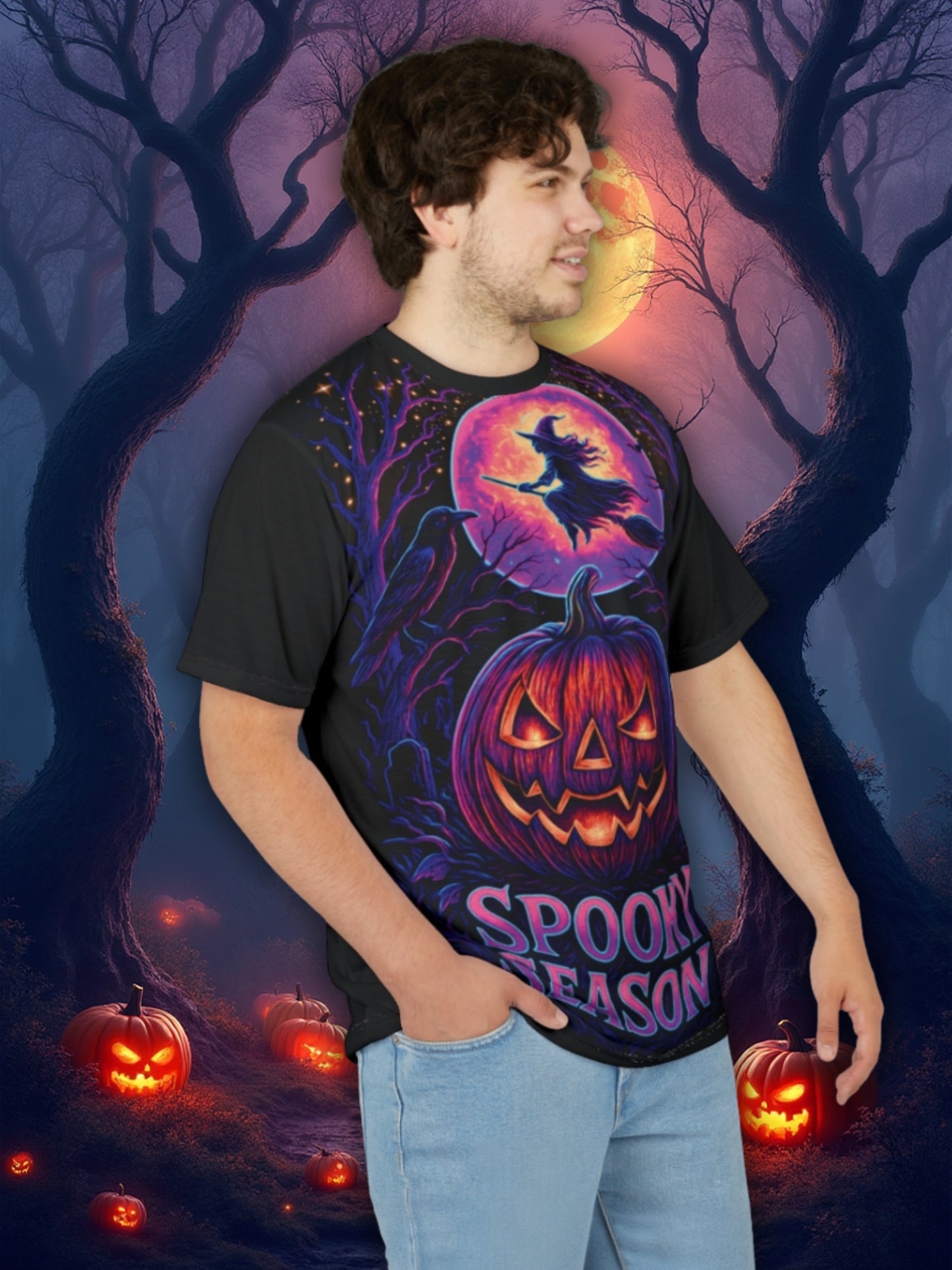 Neon Halloween AOP T-shirt – Spooky Season Pumpalykta &amp; Häxdesign (Heltryck)