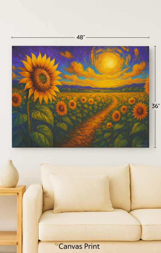 Sunflower Field Canvas Wall Art – Vibrant Golden Blooms, Van Gogh Inspired Sky, Horizontal Landscape Print
