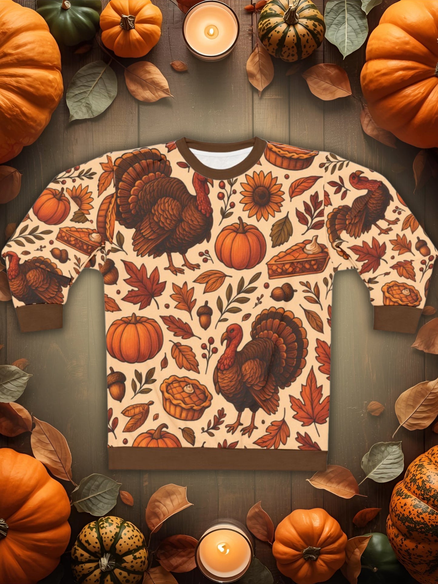 Thanksgiving Turkey Feast AOP Unisex Sweatshirt | Cozy Fall Sweater | Pumpkins, Pies & Autumn Leaves | Free Worldwide Shipping