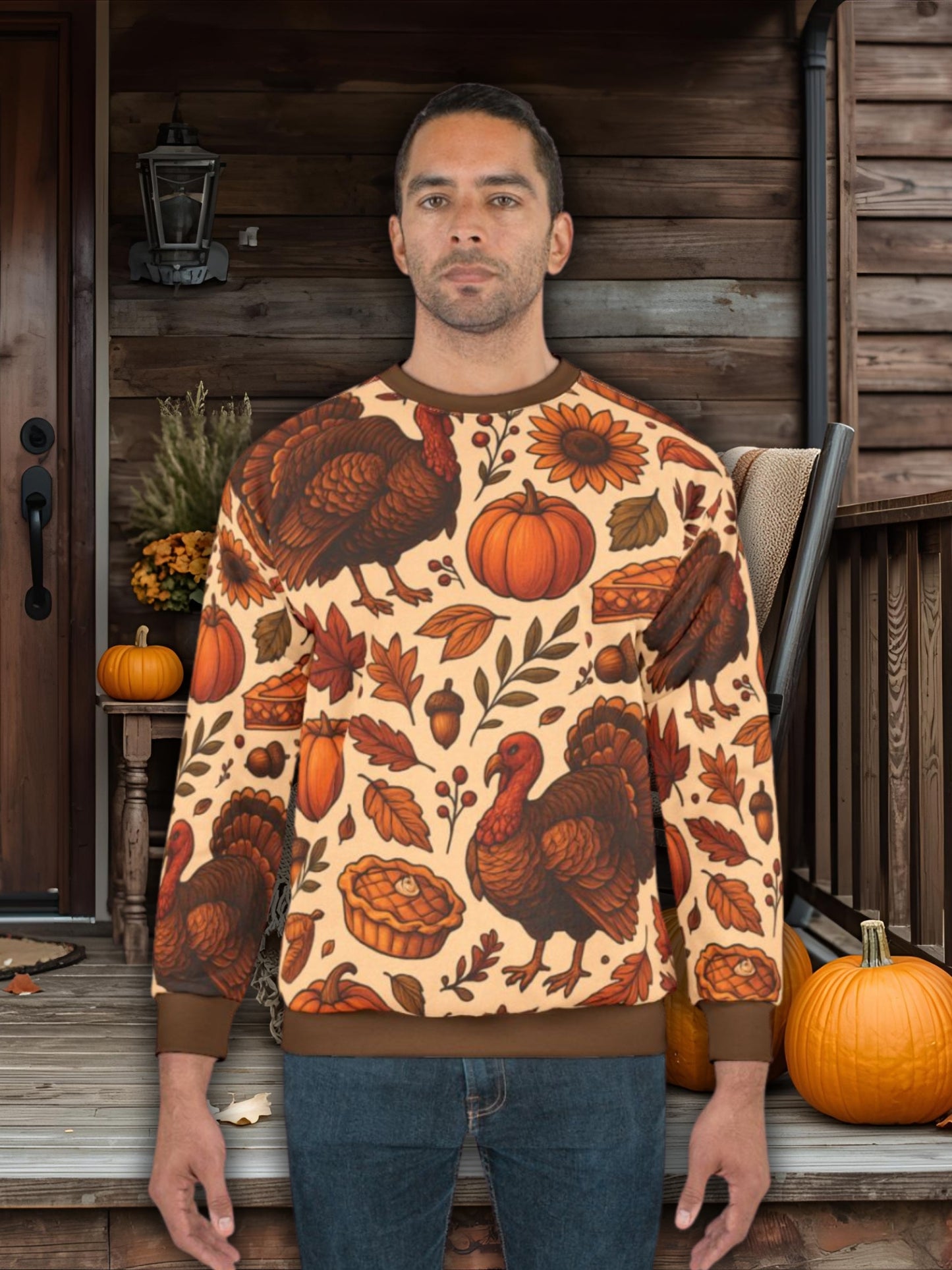 Thanksgiving Turkey Feast AOP Unisex Sweatshirt | Cozy Fall Sweater | Pumpkins, Pies & Autumn Leaves | Free Worldwide Shipping