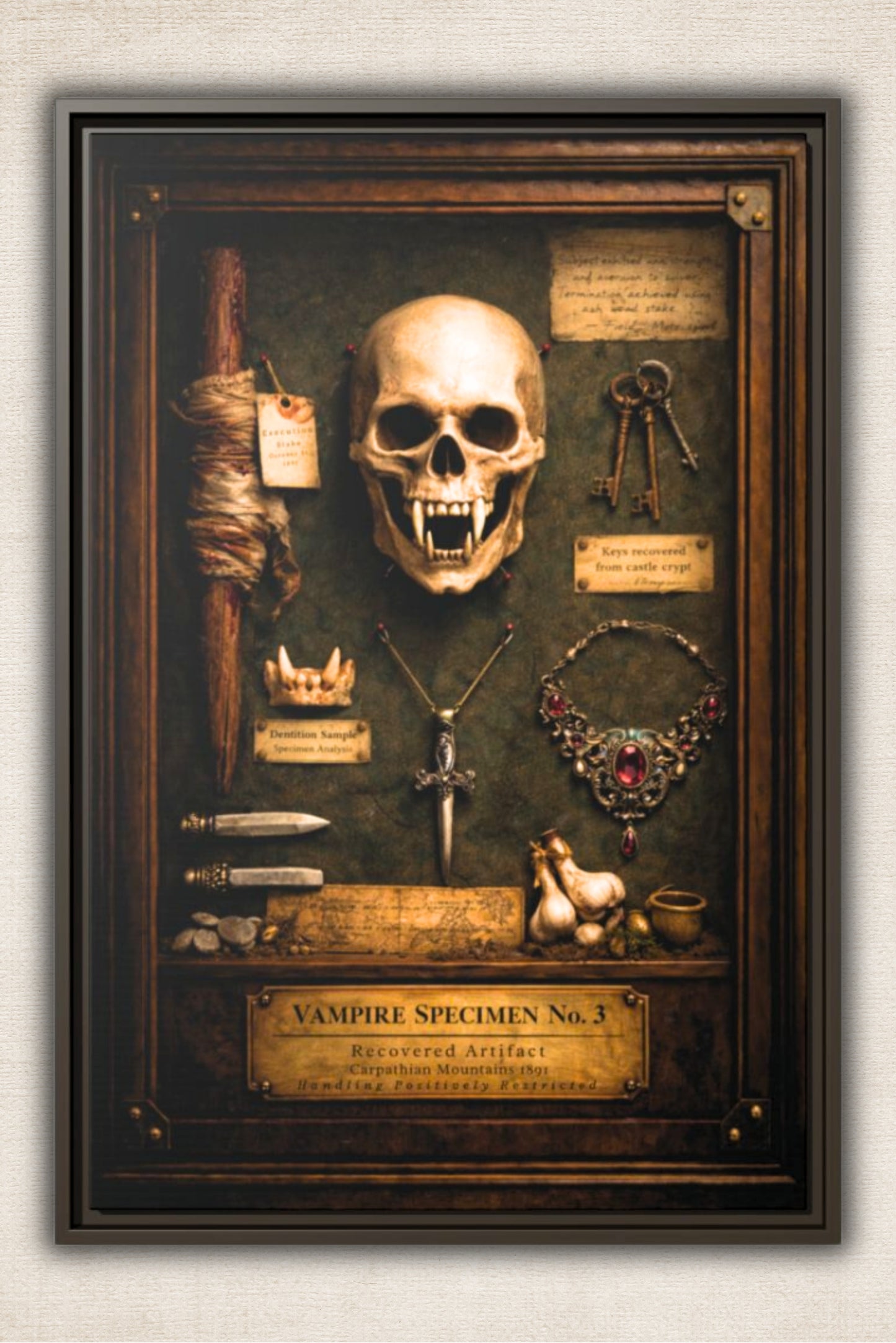Framed Canvas Art – Vampire Specimen No. 3 | Gothic Vampire Wall Decor | Dark Academia Curiosity Cabinet Art