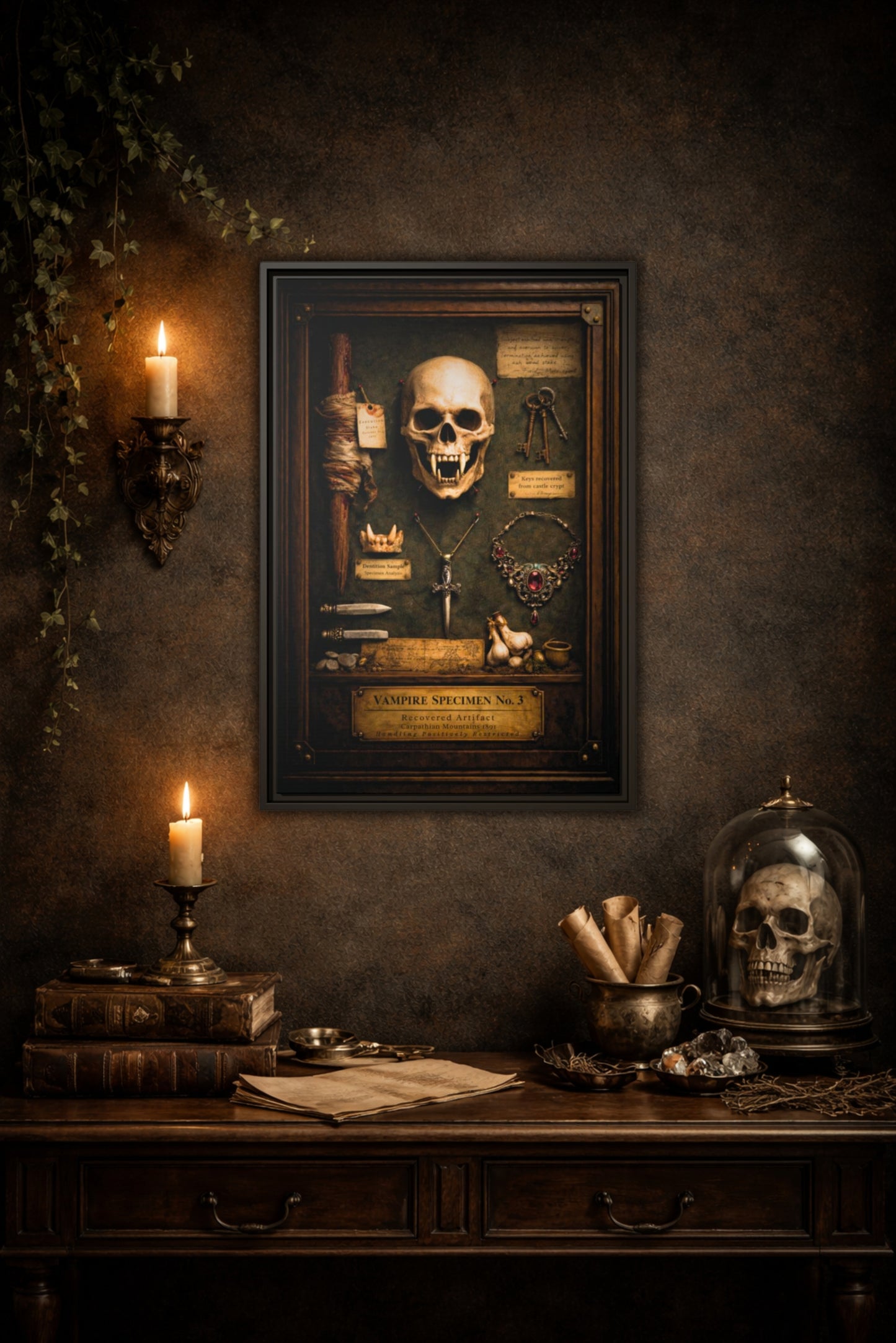 Framed Canvas Art – Vampire Specimen No. 3 | Gothic Vampire Wall Decor | Dark Academia Curiosity Cabinet Art