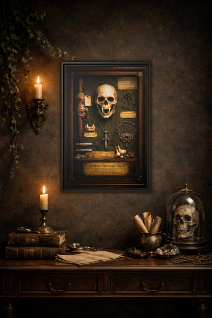 Framed Canvas Art – Vampire Specimen No. 3 | Gothic Vampire Wall Decor | Dark Academia Curiosity Cabinet Art