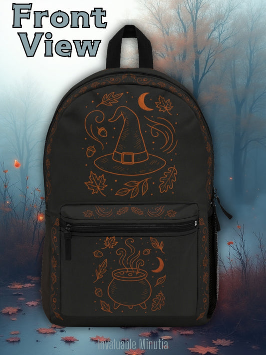 Witchy Autumn Backpack – Premium Black & Orange Fall Witch Hat and Cauldron Design