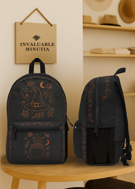 Witchy Autumn Backpack – Premium Black & Orange Fall Witch Hat and Cauldron Design