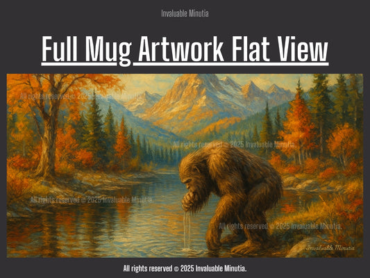 Full flat lay of the Bigfoot Mountain River Scene ceramic coffee mug design — detailed wilderness artwork depicting Bigfoot crouched beside a reflective mountain river surrounded by autumn trees and golden peaks. Complete wrap design reference for 11oz and 15oz accent mugs by Invaluable Minutia. InvaluableMinutia.com