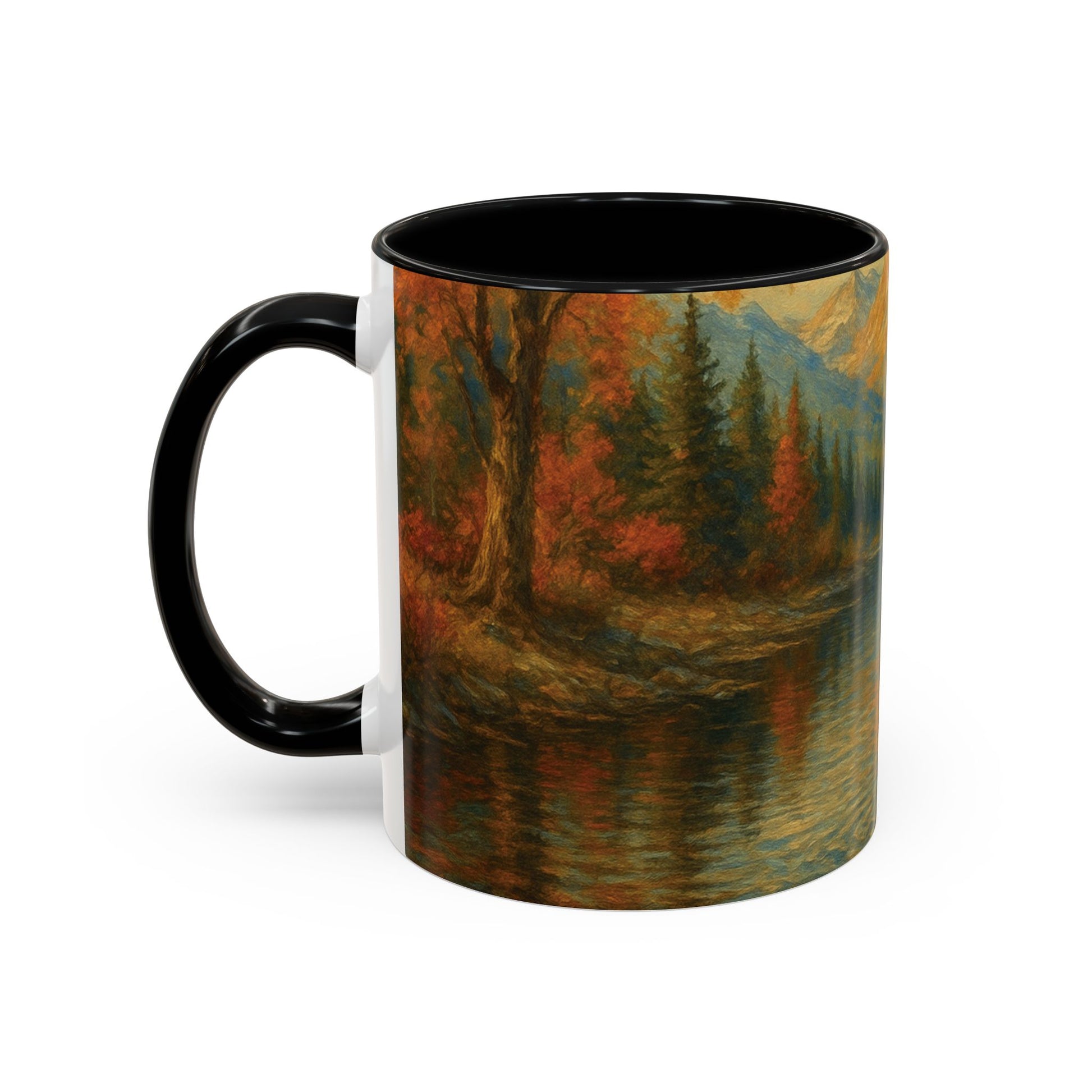 Left-side product view of 11oz Bigfoot River Scene ceramic coffee mug with black accent handle and interior — scenic wilderness artwork showing mountain river reflections, autumn trees, and pine forest. Premium boutique ceramic mug by Invaluable Minutia. InvaluableMinutia.com