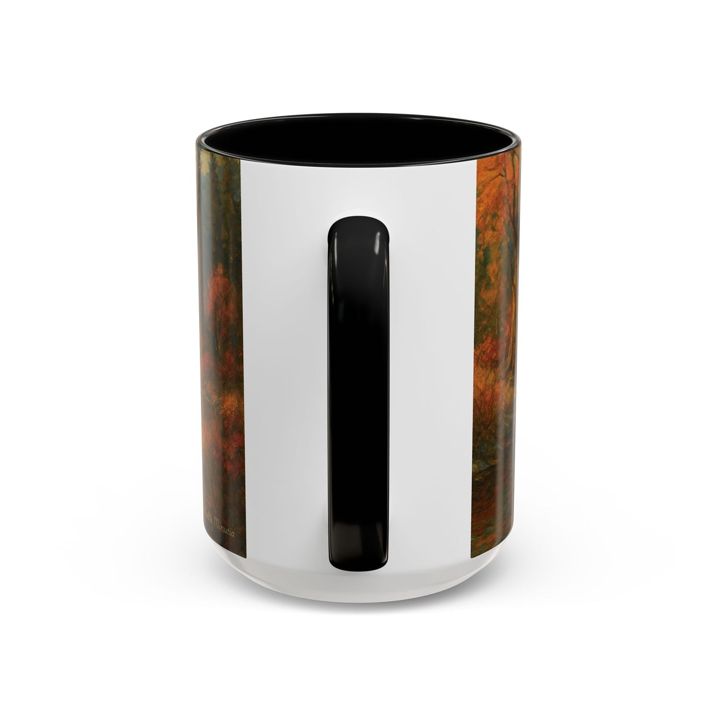 Rear handle view of 15oz Bigfoot River Scene ceramic coffee mug with black accent handle and interior — shows full wrap-around autumn wilderness artwork featuring mountain river reflections. Oversized premium mug by Invaluable Minutia. InvaluableMinutia.com