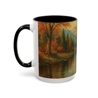 Left-side view of 15oz Bigfoot River Scene ceramic coffee mug with black accent handle and interior — features scenic mountain river reflections, autumn forest, and detailed wilderness artwork. Oversized boutique mug by Invaluable Minutia. InvaluableMinutia.com