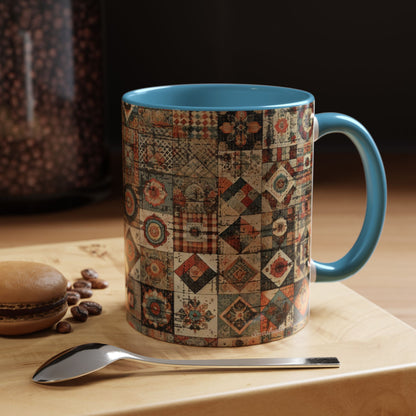 11oz Boho Patchwork Quilt mug with light blue accent handle — cozy coffee scene on wooden table with beans and macaron. Boutique boho drinkware by Invaluable Minutia. InvaluableMinutia.com