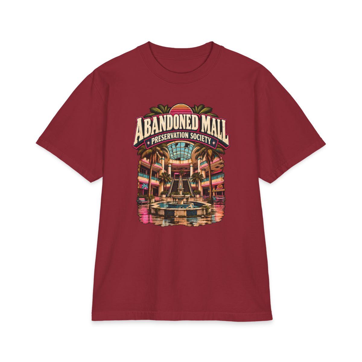 Burgundy Shaka Wear heavyweight T-shirt with Abandoned Mall Preservation Society artwork.