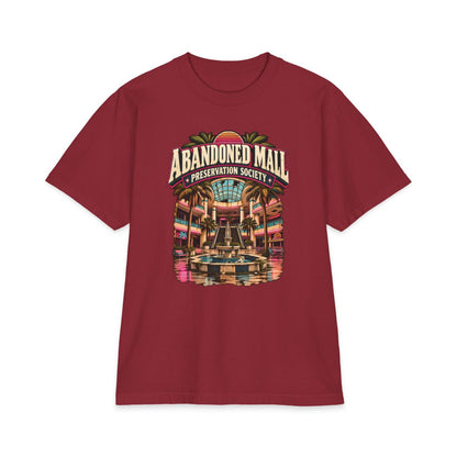 Burgundy Shaka Wear heavyweight T-shirt with Abandoned Mall Preservation Society artwork.