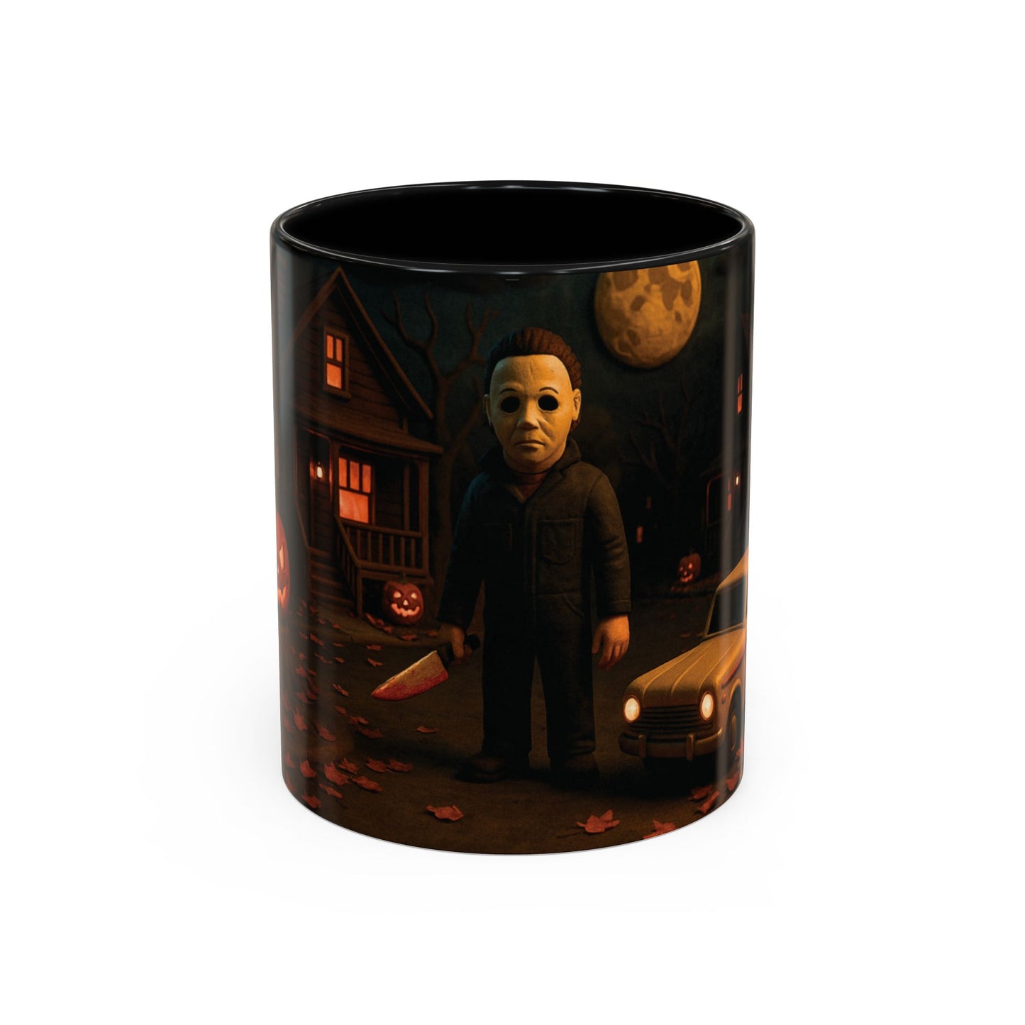 Front view of 11oz Clay-Style Slasher Halloween Night ceramic coffee mug with black accent handle and interior — features horror-themed artwork of a masked figure standing in front of a suburban house under a full moon with glowing pumpkins. Premium boutique mug by Invaluable Minutia. InvaluableMinutia.com