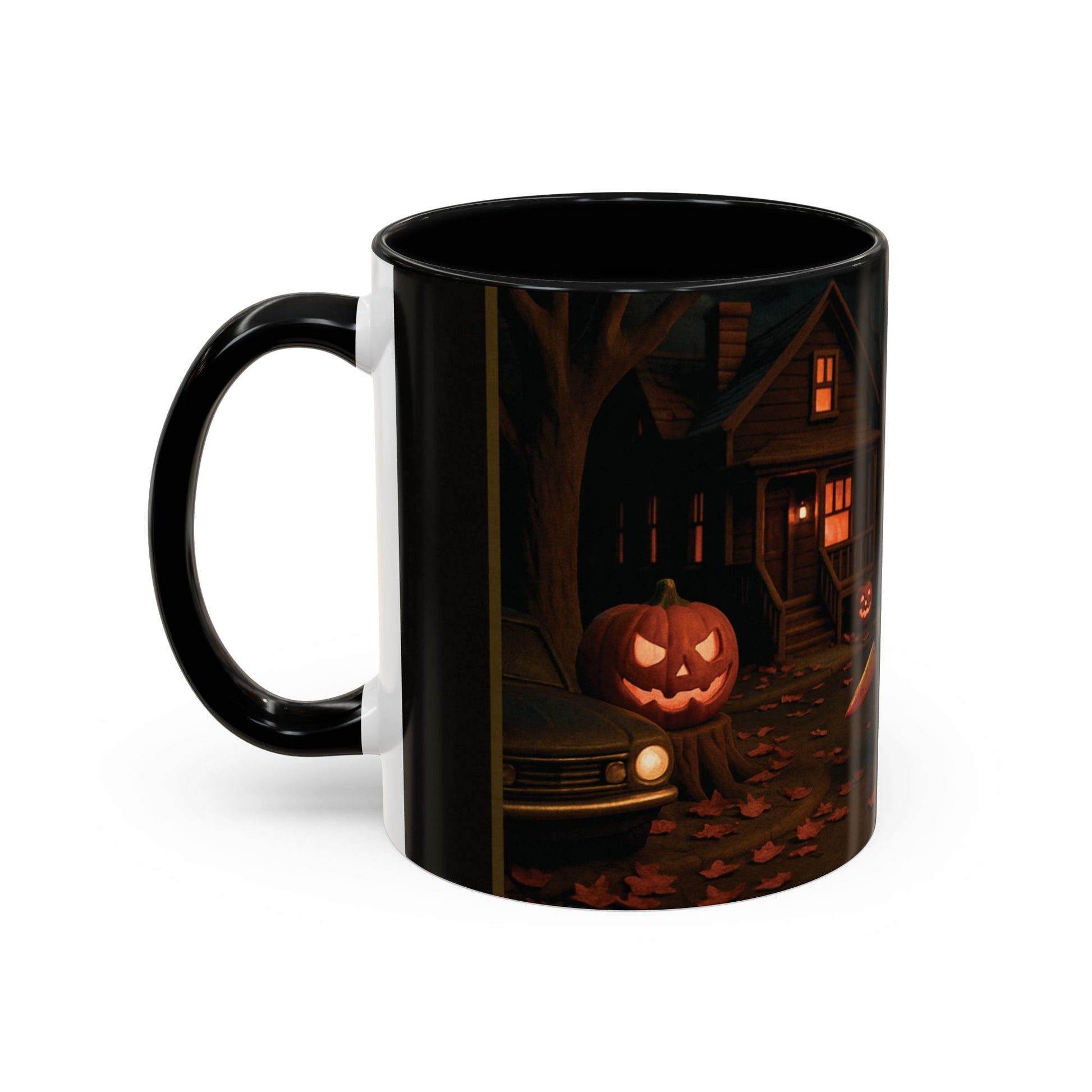 Left-side product view of 11oz Clay-Style Slasher Halloween Night ceramic coffee mug with black accent handle and interior — features horror artwork with glowing pumpkins, suburban house, and autumn night scene. Premium boutique horror mug by Invaluable Minutia. InvaluableMinutia.com