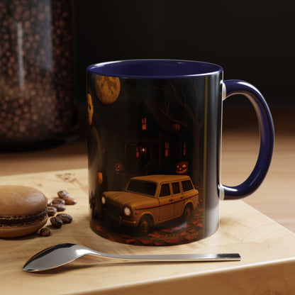 Right-side lifestyle view of 11oz Clay-Style Slasher Halloween Night ceramic coffee mug with navy-blue accent handle and rim — featuring horror-themed artwork of a masked figure, pumpkins, and suburban night scene. Displayed on a wooden table with coffee beans and a spoon. Boutique horror mug by Invaluable Minutia. InvaluableMinutia.com