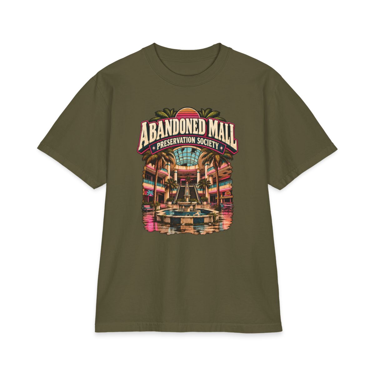 Hunter green Shaka Wear heavyweight T-shirt with Abandoned Mall Preservation Society artwork.