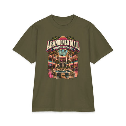 Hunter green Shaka Wear heavyweight T-shirt with Abandoned Mall Preservation Society artwork.
