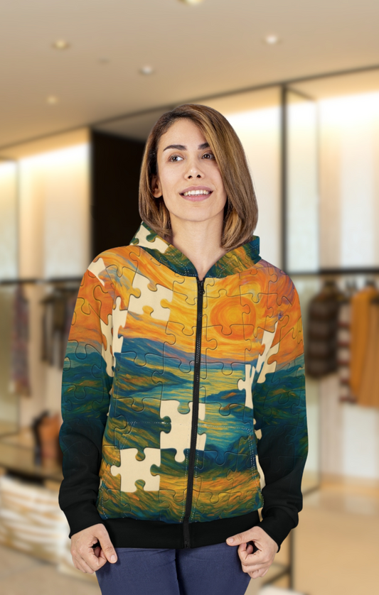 Missing Pieces – AOP Zip-Up Puzzle Hoodie | Unisex Statement Streetwear | All-Over Print by Invaluable Minutia
