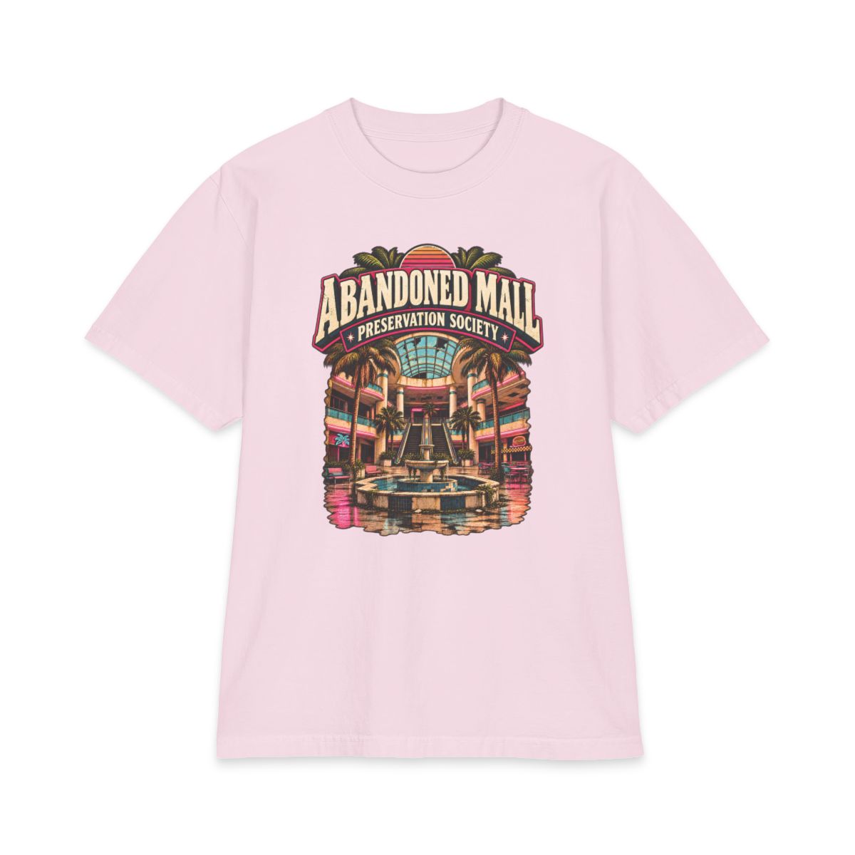 Powder pink Shaka Wear heavyweight T-shirt with Abandoned Mall Preservation Society artwork.