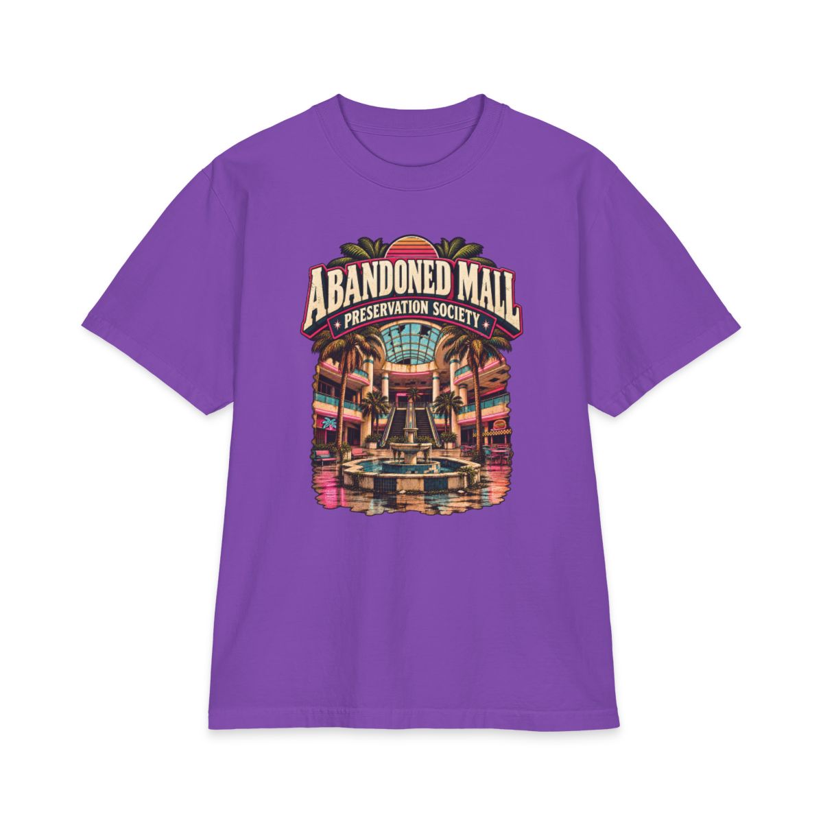 Purple Shaka Wear heavyweight T-shirt with Abandoned Mall Preservation Society artwork.