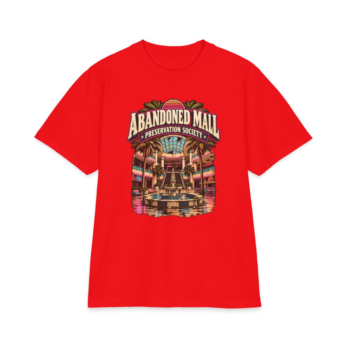 Red Shaka Wear heavyweight T-shirt with Abandoned Mall Preservation Society artwork.
