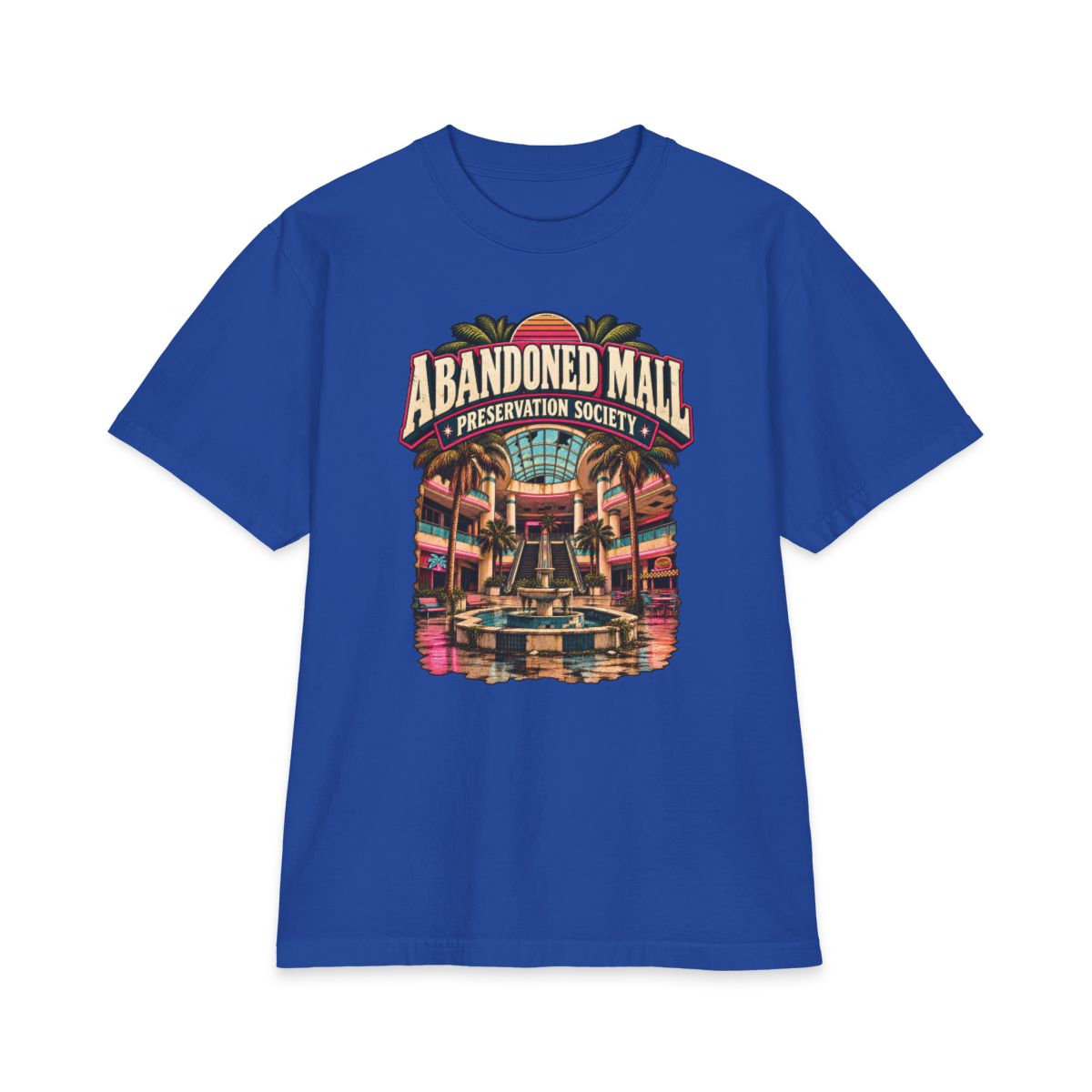 Royal blue Shaka Wear heavyweight T-shirt with Abandoned Mall Preservation Society artwork.