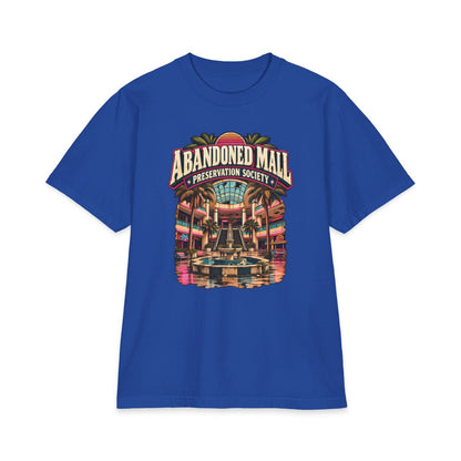 Royal blue Shaka Wear heavyweight T-shirt with Abandoned Mall Preservation Society artwork.