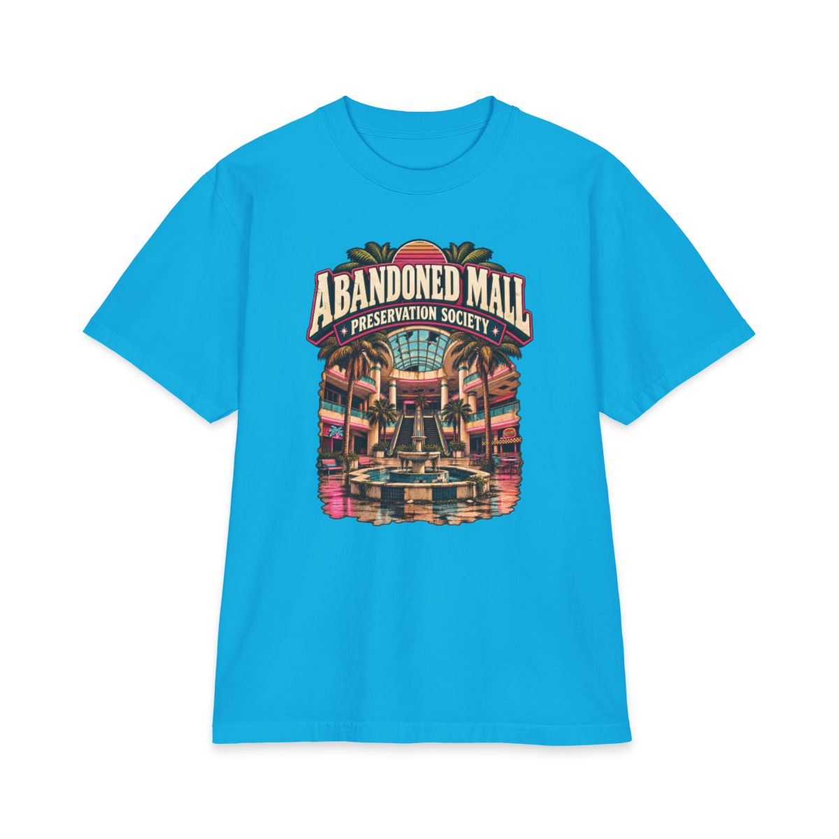 Turquoise Shaka Wear heavyweight T-shirt with Abandoned Mall Preservation Society artwork.